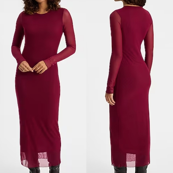NWT Express Mesh Burgundy Crew Neck Long Sleeve Midi Dress Size S - Picture 1 of 11